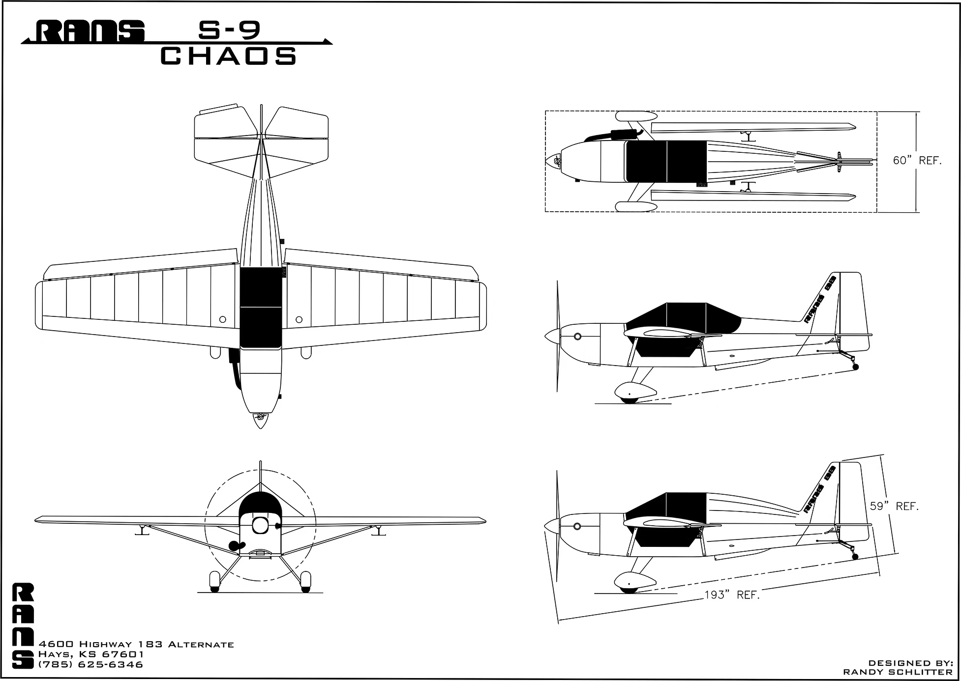 RANS S-9 Chaos three-view technical drawing, designed by Randy Schlitter